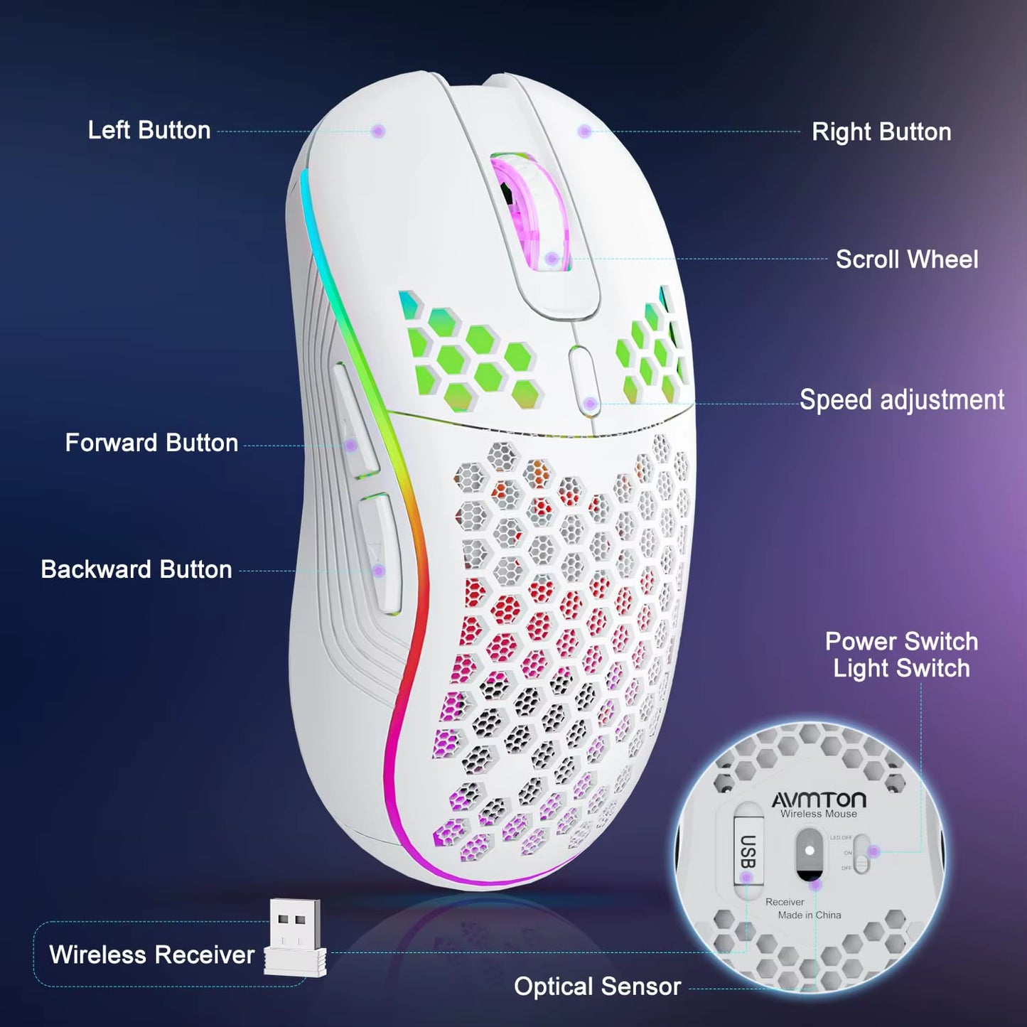 2.4G Wireless Mouse with Ergonomic Honeycomb Design Gaming Mouse