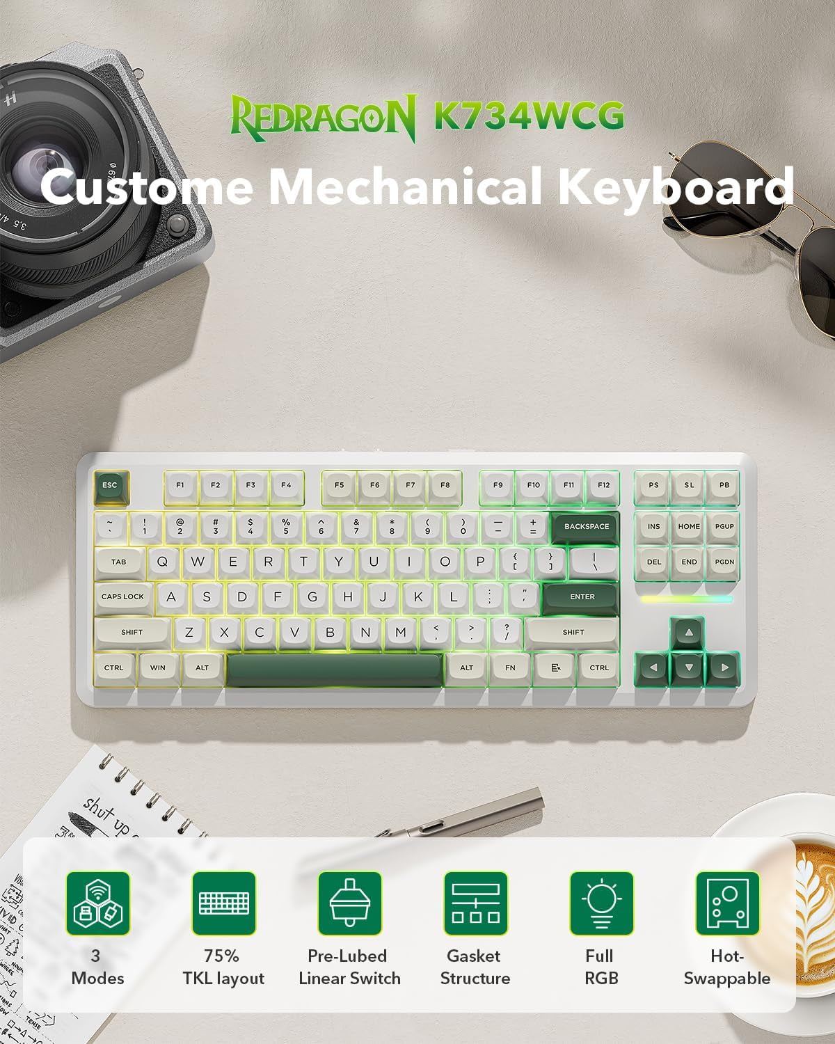 K734W Wireless Mechanical Keyboard, Tri Mode BT5.0/2.4G/USB-C 75% 81 Keys TKL Custom Hot Swappable Gaming Keyboard, Pre-Lubed Linear Switches,Rgb Gasket Computer Creamy Keyboard, for PC/MAC