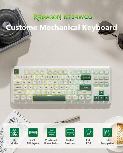 K734W Wireless Mechanical Keyboard, Tri Mode BT5.0/2.4G/USB-C 75% 81 Keys TKL Custom Hot Swappable Gaming Keyboard, Pre-Lubed Linear Switches,Rgb Gasket Computer Creamy Keyboard, for PC/MAC